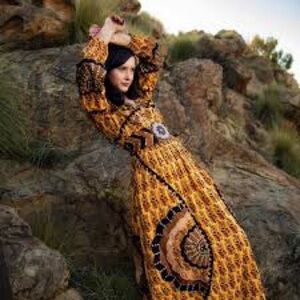 Talisman Sitara Long Bishop Sleeve Golden Floral Print Maxi Dress